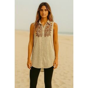 Angie Womens Floral Embroidered Sleeveless Button Down Top‎ Boho Bohemian S